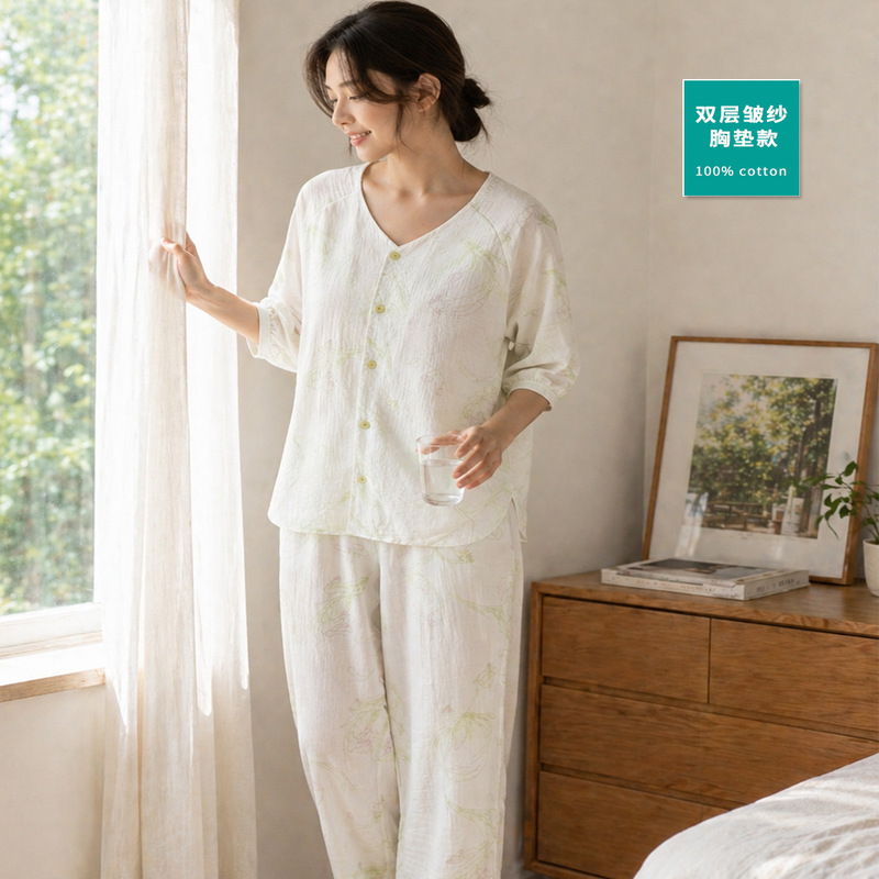 Spring and Summer Class a All-Cotton Pajamas with Chest Pads, Three-Quarter Sleeves, Double-Layered Pleated Gauze, Thin Cardigan, Round Neck, Anti-Bump Set Spring and Summer Class a All-Cotton Pajamas with Chest Pads, Three-Quarter Sleeves, Double-Layered Pleated Gauze, Thin Cardigan, Round Neck, Anti-Bump Set