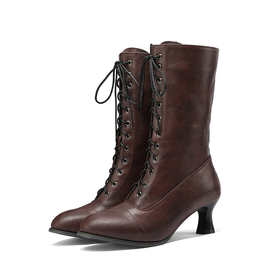 英魅尔女40-43秋冬交叉系带粗高跟女士中筒靴矮靴跨境一件代发