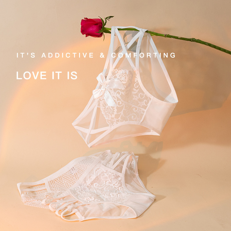 French Style Rose Style Sexy Hollow Lace Mesh Cross Thin Belt Sexy Low Waist Pure Cotton Breathable Underwear for Women