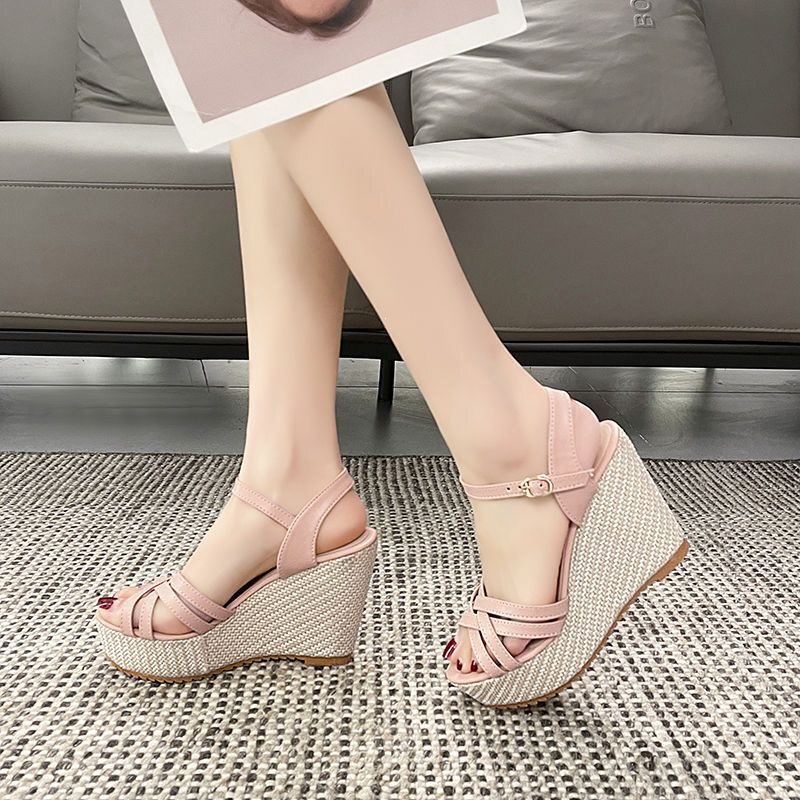 Super High-Heeled Sandals for Women, Summer 2025 New Korean Style Versatile Thick-Soled Waterproof Platform Open-Toe Buckle Wedge Sandals