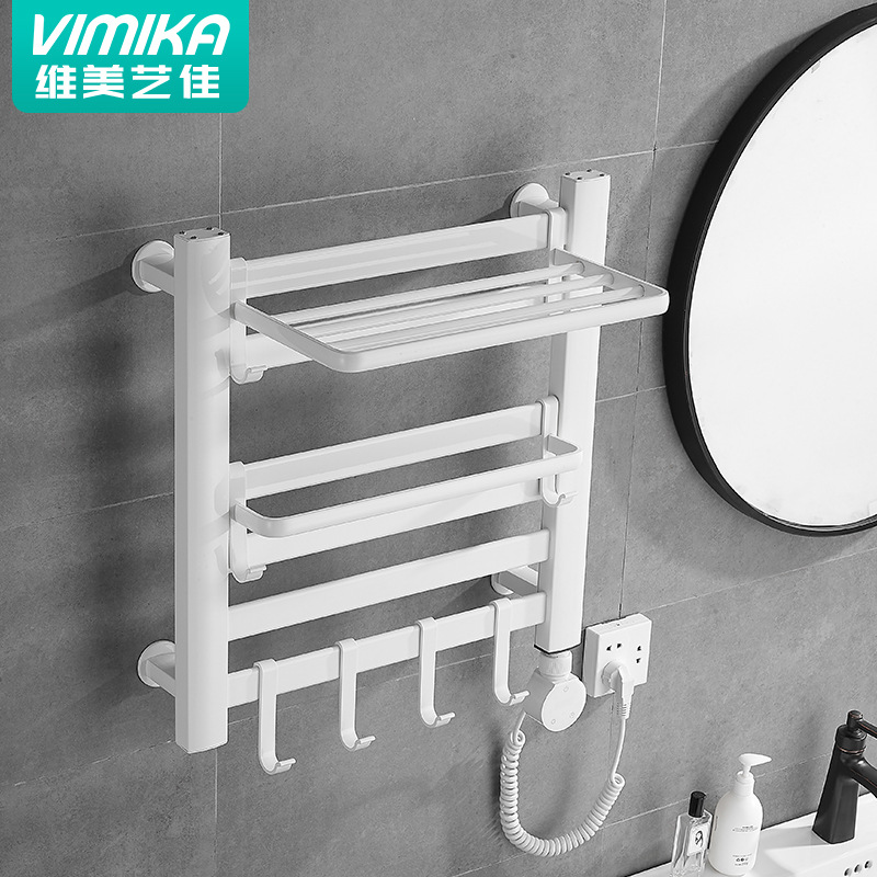 智能电热毛巾架家用卫生间免打孔碳纤维加热烘干浴室置物架太空铝