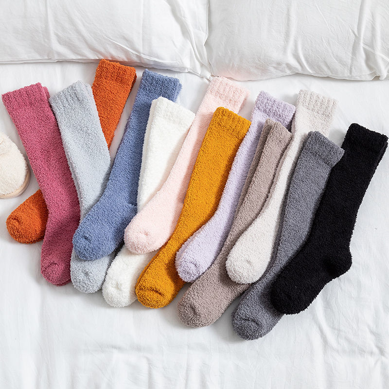 3双装珊瑚绒保暖袜子女情侣小腿袜加绒睡眠袜秋冬季长筒袜男加厚