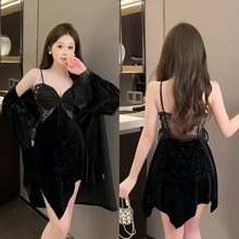 醉窖2024星空闪闪睡衣金丝绒女士两件套睡裙带胸垫性感女蝴蝶飞