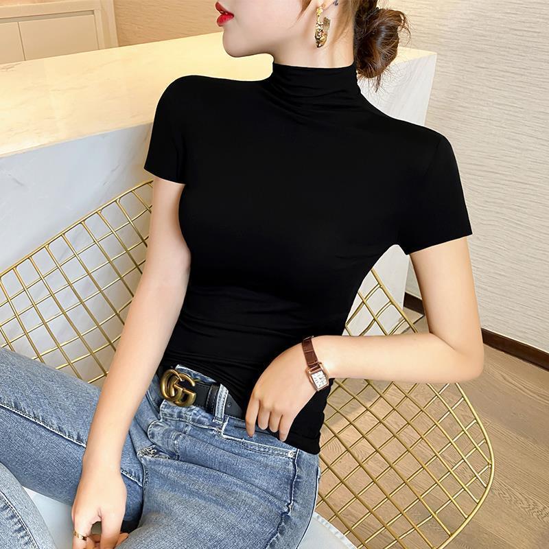 하프 터틀넥 블랙 반팔 티셔츠 여성 모달 2025 봄 여름 신상 하의 셔츠와 반팔 탑