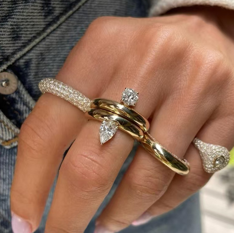 9g Weight Wholesale Jewelry IG Style Round Water Droplets Titanium Steel Zircon 18K Gold Plated Inlay Rings