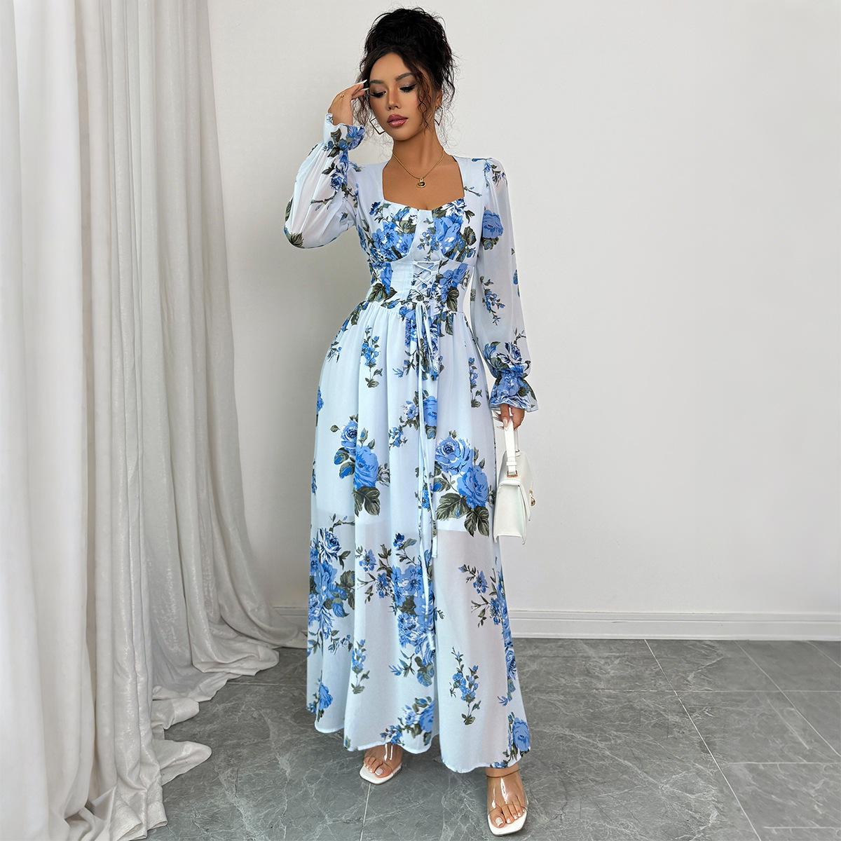 Women's Elegant Simple Printed Long Sleeve Dress Ruffled Trim Autumn Winter Fashion Offering Both Style And Comfort_ecoleips.com