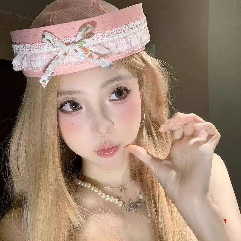 Japanese cute lace thin beret with bow, hat