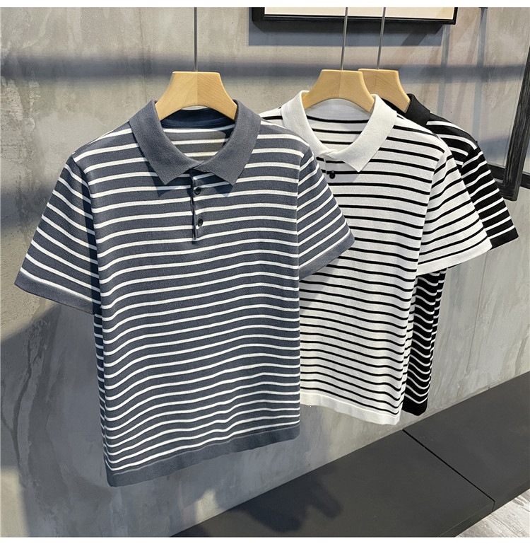 Men's Slim Fit Polo Shirt Striped Short Sleeve Ice Silk T-Shirt Business Casual Lapel Summer Top POLO Clothing_viptrois.com