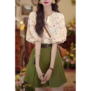 Trendy Puff Sleeve Shirt with Shorts Summer New Hong Kong Style Retro Fashionable Chic Petite High-End Set