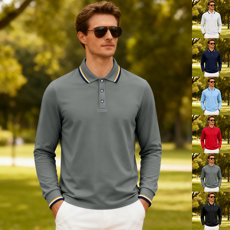 Cross-Border American Autum European Size Men's Loose Casual Jacquard Polo Shirt Quick-Drying Breathable Polo Golf Long Sleeves