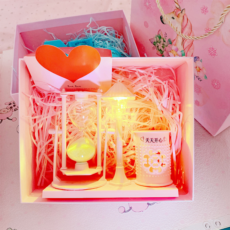 Creative Blue and Pink Lantern Sandglass Pen Holder Gift Box for Students, White Sandglass Color-Changing Night Light Ornament