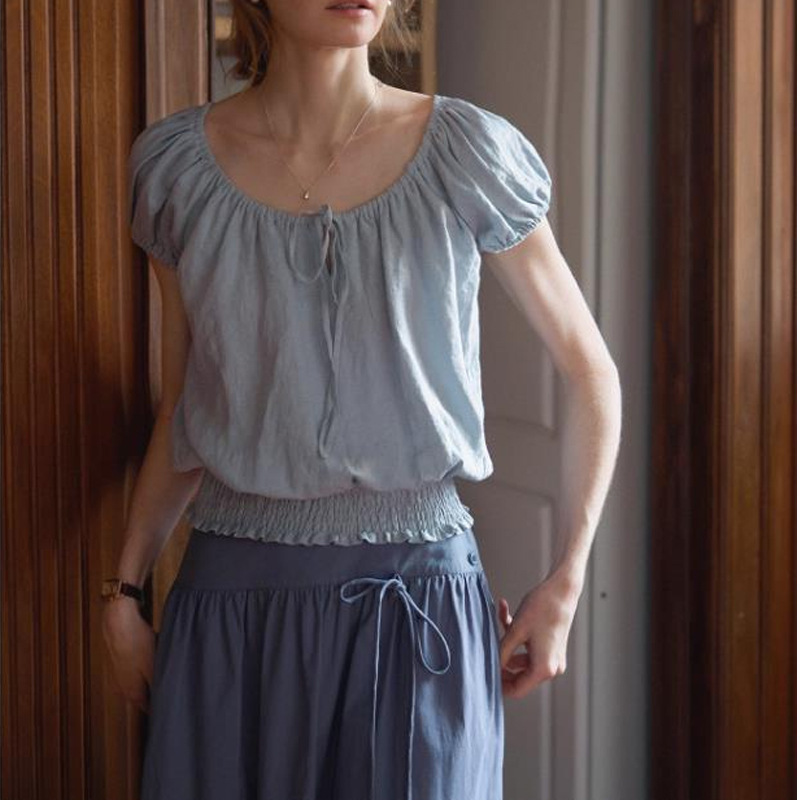 French Retro White Short-sleeved Shirt Women's Summer Design Sense Niche Lace-up V-neck Short Sweet Tight Waist Top