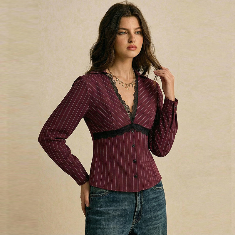 Ruihuo Cross-Border Amazon Foreign Trade European and American Sexy Lace Long-Sleeve Shirt 2025 Autumn and Winter Slim-Fit Striped Shirt for Women