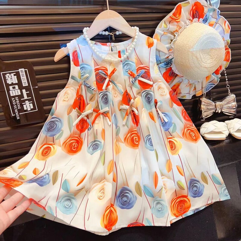 2026 Summer Girls' Rose Flower Bow Dress Baby Princess Dress Sleeveless Vest Dress Comes with Hat