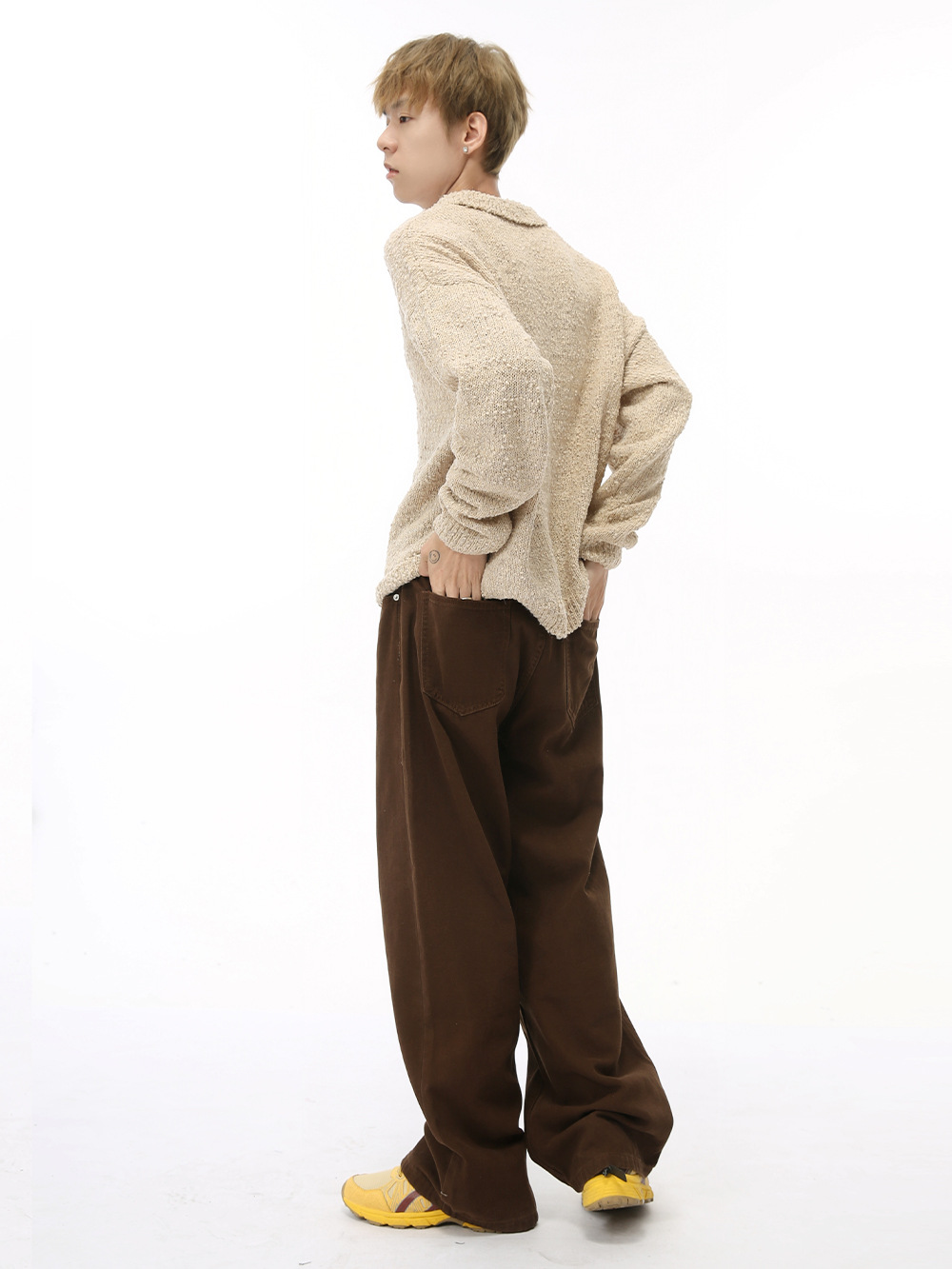 MTLCLOTHES Hombres| Clásico básico vibe simple cintura elástica marrón oscuro jeans lavable