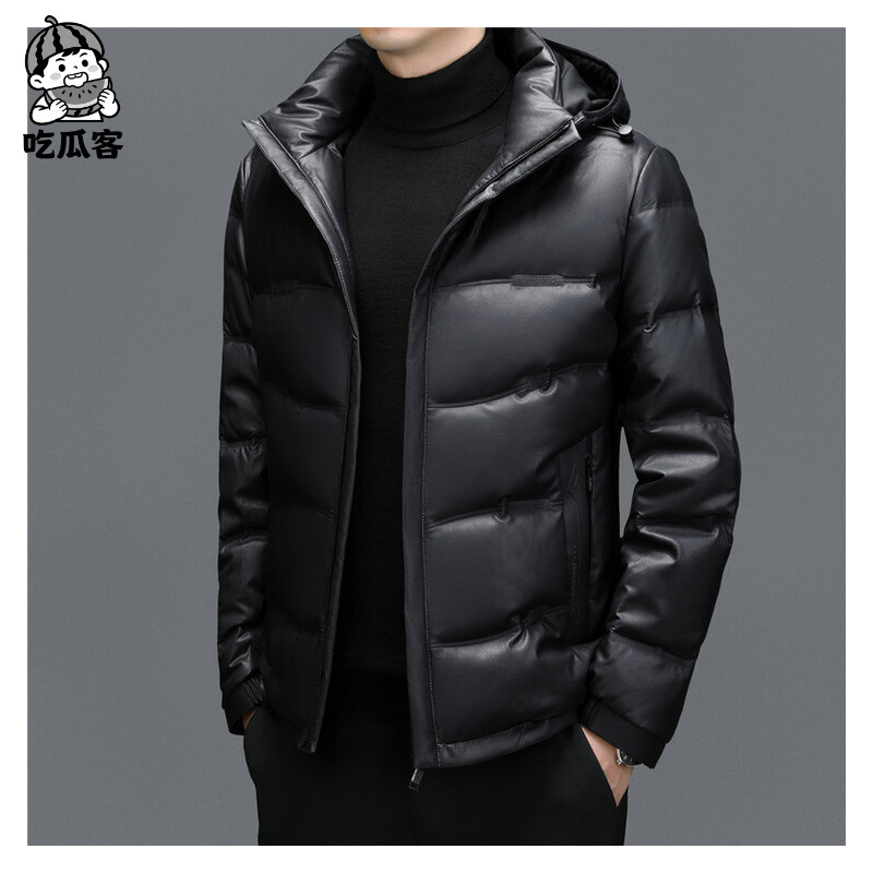 Live explosions men's winter hooded detachable down jacket young and middle-aged men's warm leather down jacket coat