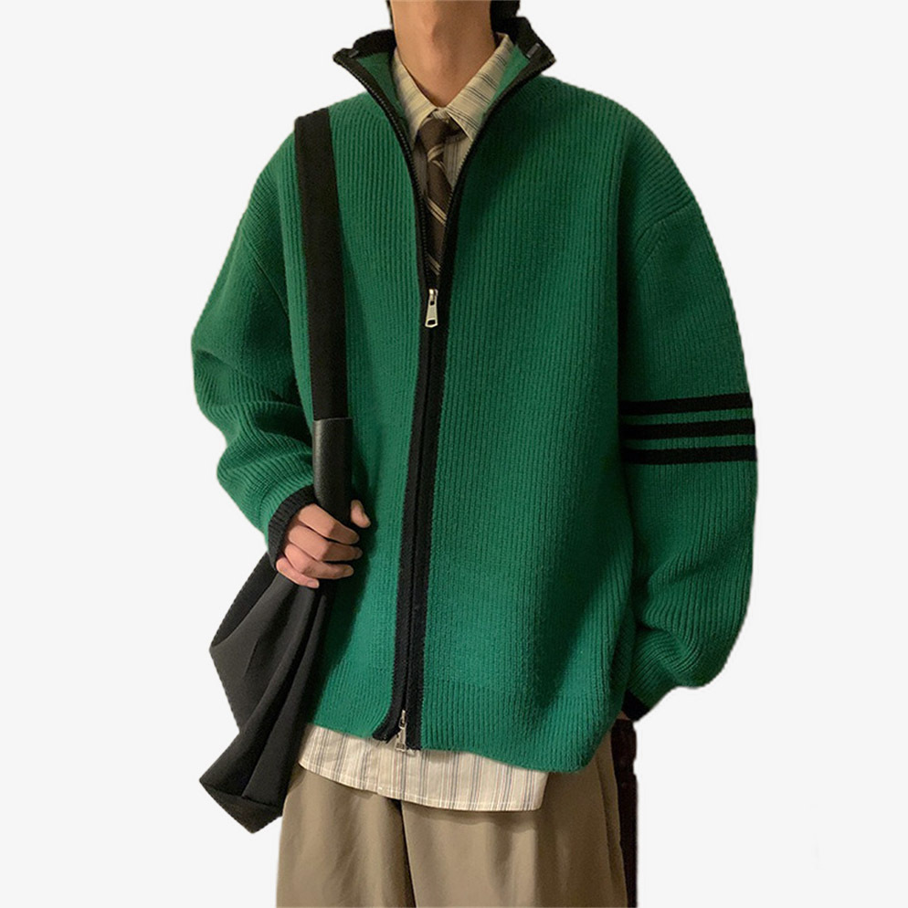Explosiones transfronterizas de tamaño europeo de tamaño grande suéter a rayas de tres varillas de cuello masculino Cardigan chaqueta fábrica de jersey al por mayor