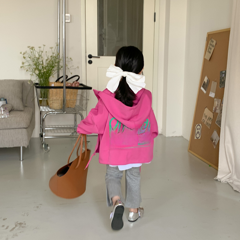 Korean-style trendy kids' clothing children's letter loose-hooded sweatshirt 2023 autumn new girls' babies zipper jacket