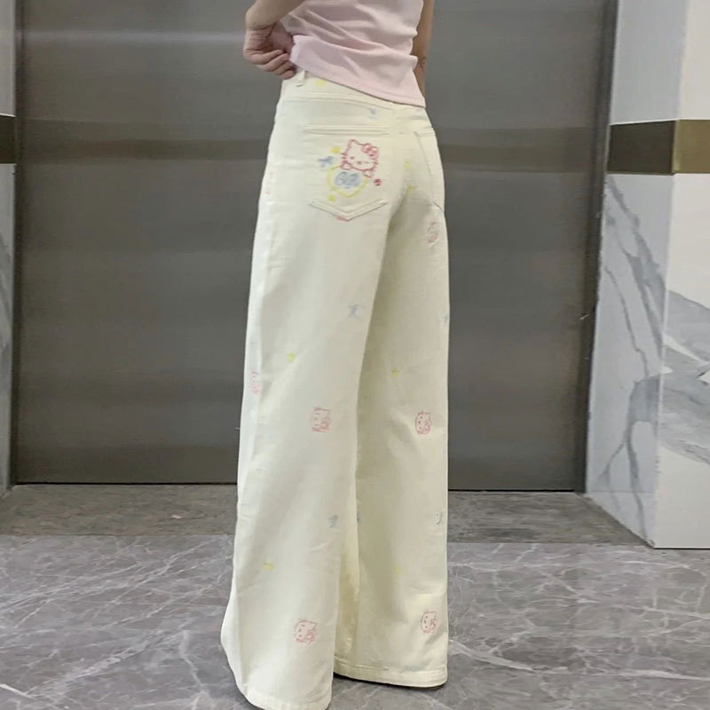 White Large Size Cute Kitty Cartoon Embroidered Jeans Women's Summer Design American Straight Wide Leg Pants