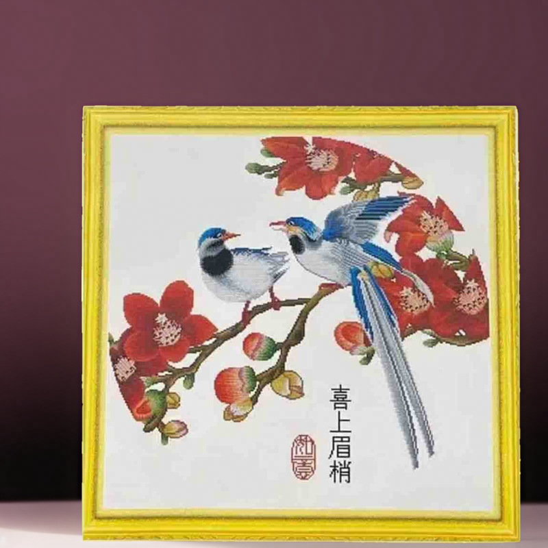 Punto de cruz real Mona Lisa con flor de ciruelo y urracas, sin contorno, 33 colores, bordado a mano chino simple.