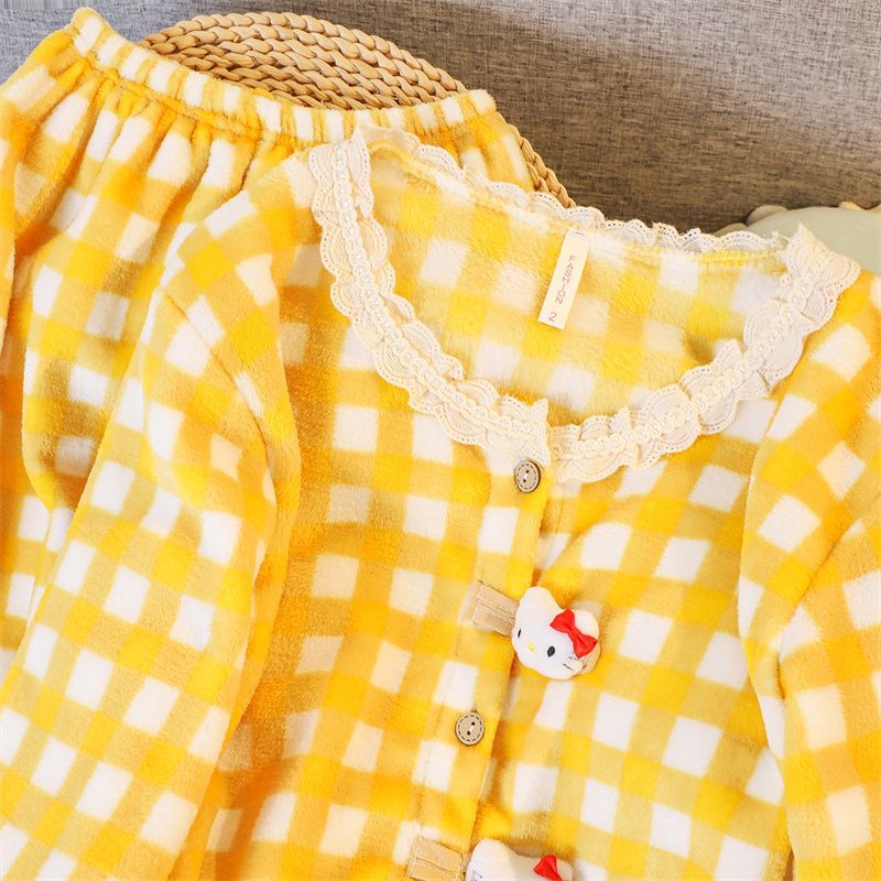 Al por mayor transfronterizo de cordón de algodón suave de encaje a cuadrillas de gato conjunto de franela cardigán calentador pijama de mujer ropa para el hogar
