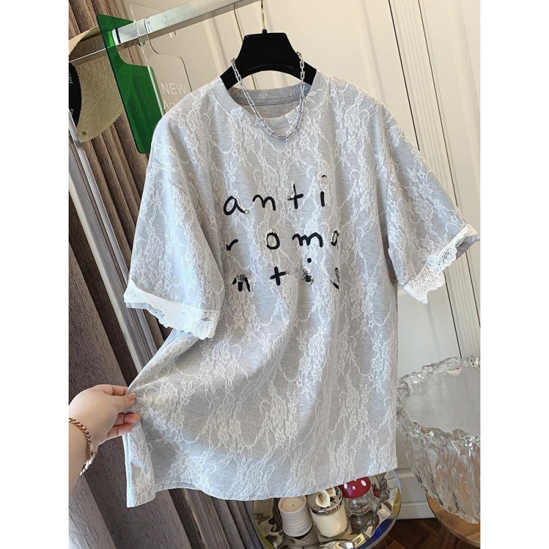 独特超好看韩版蕾丝珍珠字母短袖T恤宽松时尚大版上衣女春夏新款