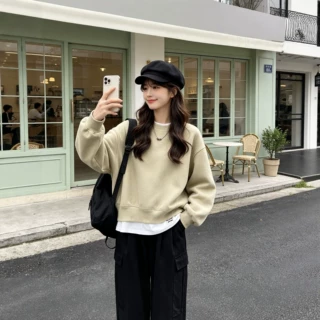 假两件圆领长袖卫衣女2026年秋冬上新韩版宽松显瘦百搭学院风上衣