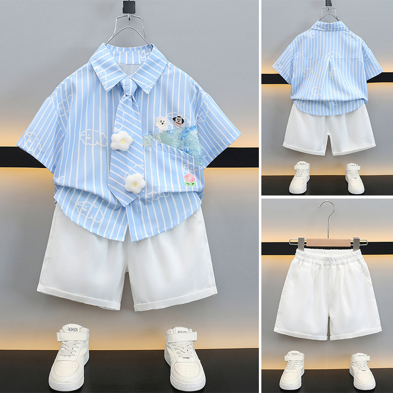 男の子サマースーツ 2025 新しい子供の夏半袖シャツハンサムベビー韓国スタイルルーズツーピーストレンディセット|undefined