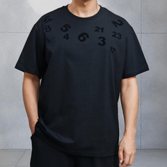 复古美式潮牌数码植绒数字时尚休闲加肥加大时尚轻奢同款短袖T恤