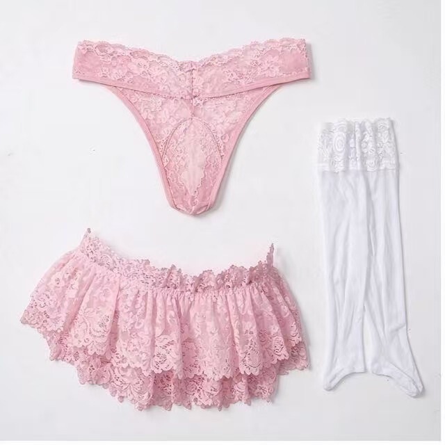 Cross-border men's pink lace ruffle skirt and thong set, sexy lingerie wholesale