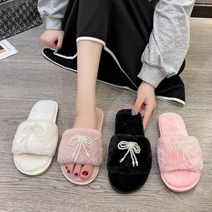 2025 Autumn New Home Furry Slippers Women's Flat Pearl Bow Stuffed Large Size Cotton Slippers Wholesale
