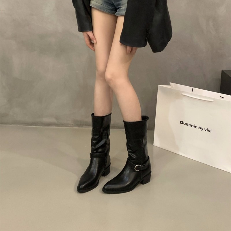 高跟绒面卡其色堆堆靴中筒骑士靴女靴子2025秋冬季尖头瘦瘦靴短靴|undefined