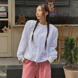 韩国代购女装货源垫肩长袖圆领套头衫 褶皱袖子宽松休闲女式卫衣