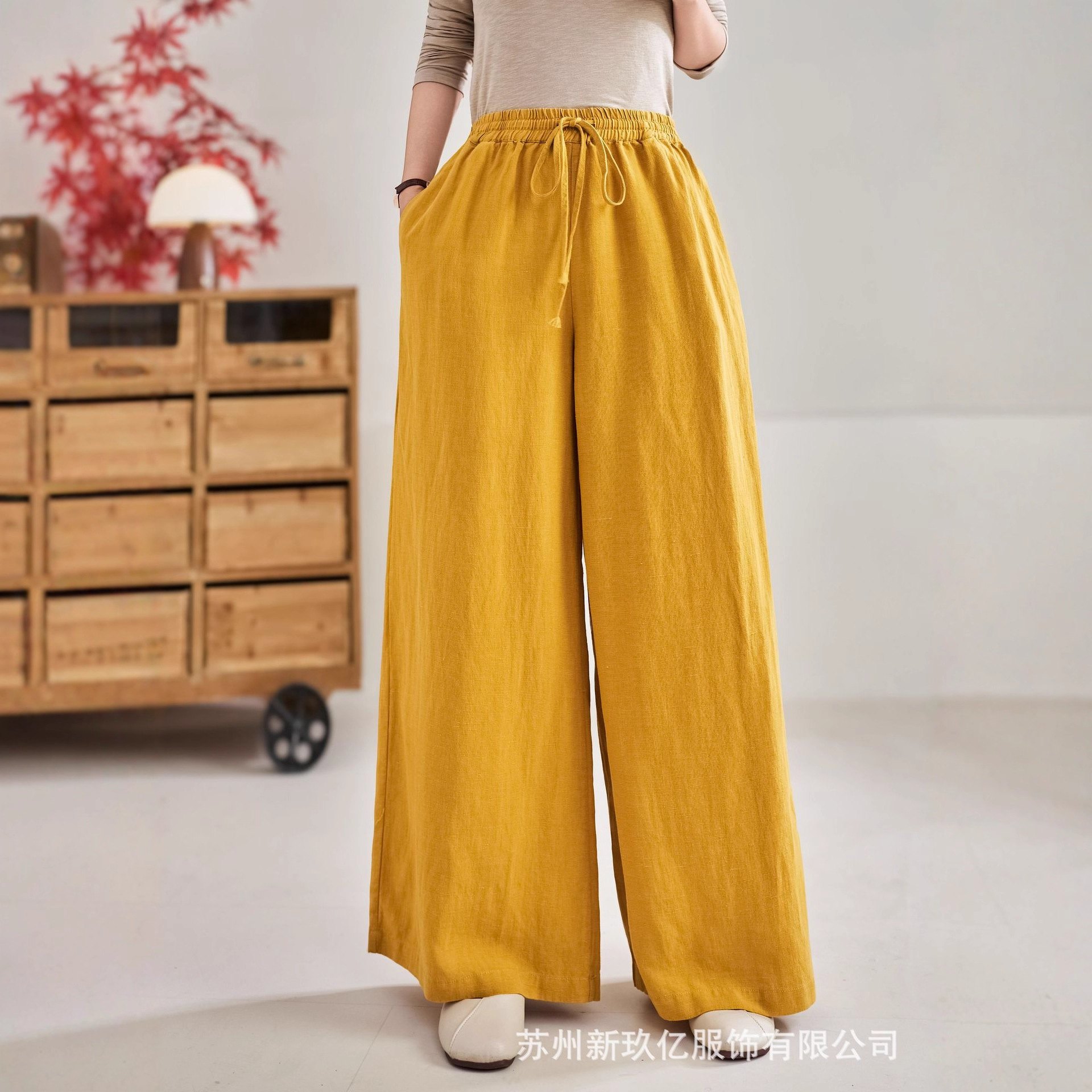 2025早秋新款加厚亚麻休闲裤女文艺时尚纯色松紧腰宽松简约百搭九