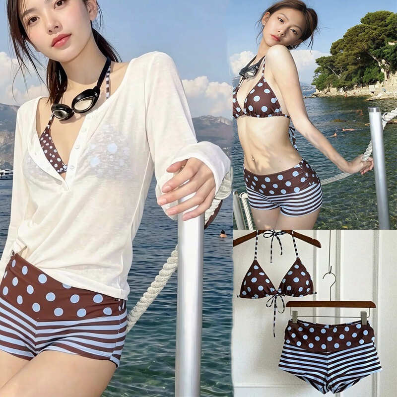 Women's Swimsuit, Two-Piece, Polka Dot, Sexy Hottie Style, Boxer Bikini, Cover-Up, Three-Piece Set, Small Bust, Push-Up, Hot Spring Resort Style