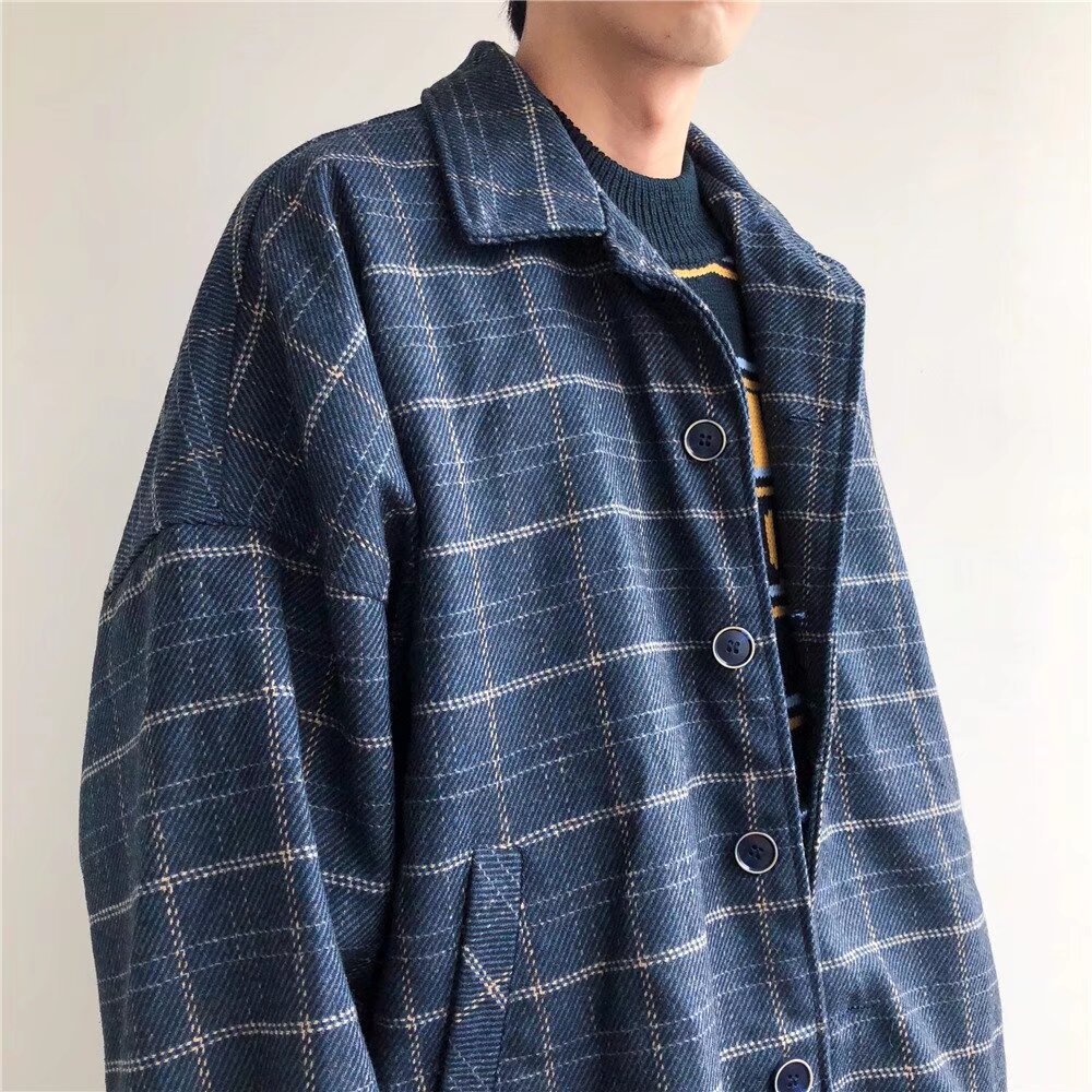 Woolen Plaid Jacket For Men, Loose, Trendy, Retro, Casual, Versatile, Student Top, Workwear Jacket_voghion.com