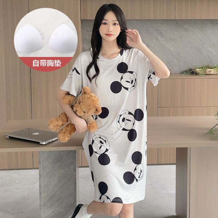 Venta al por mayor transfronteriza verano nuevo pijama mujer imitación algodón cinturón cojín en el pecho impresión de dibujos animados gran tamaño camisón de manga corta mujeres pueden usar