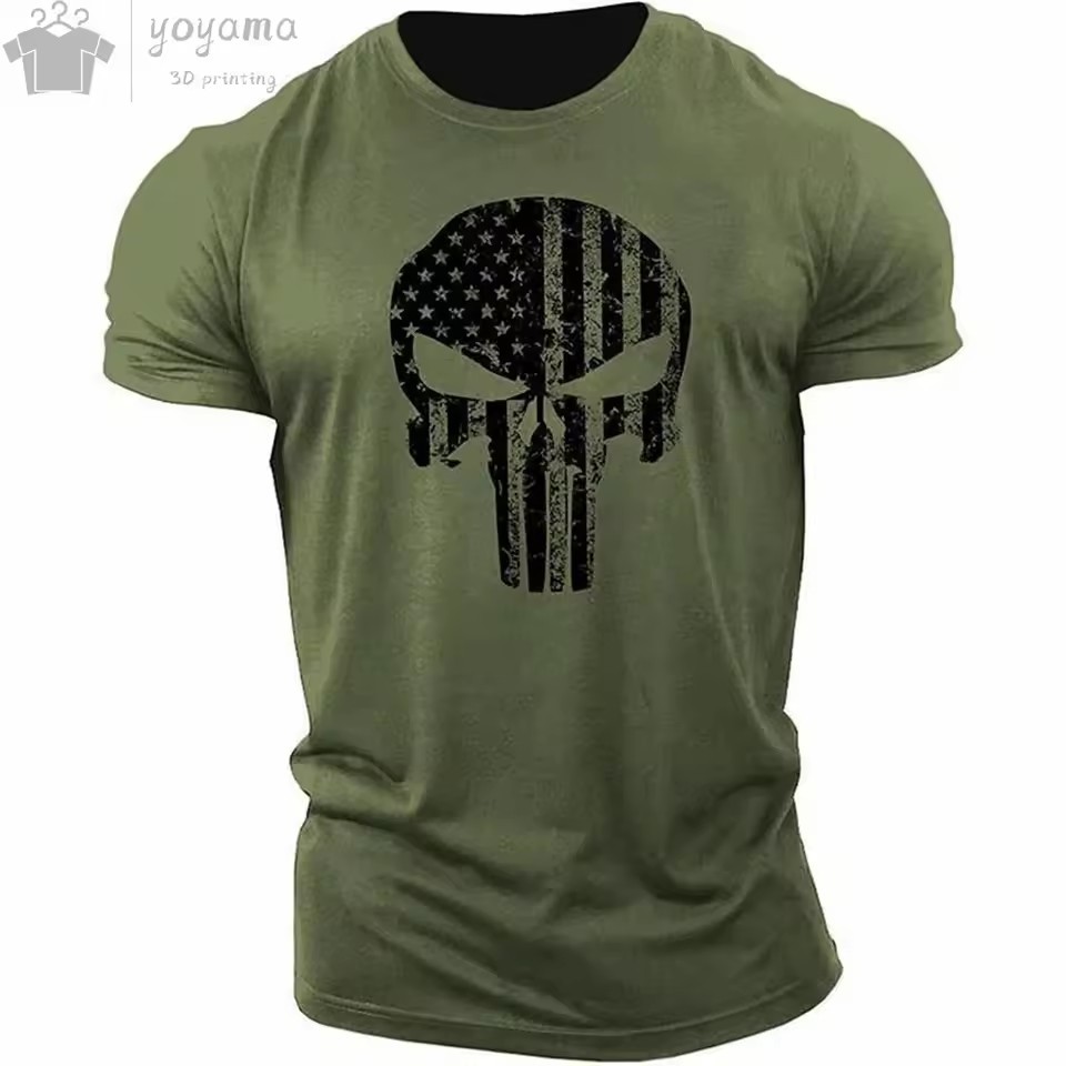 Moda venta caliente tinta calavera graffiti impresión 3D hombres verano calle moda hombro redondo cuello redondo camiseta de manga corta