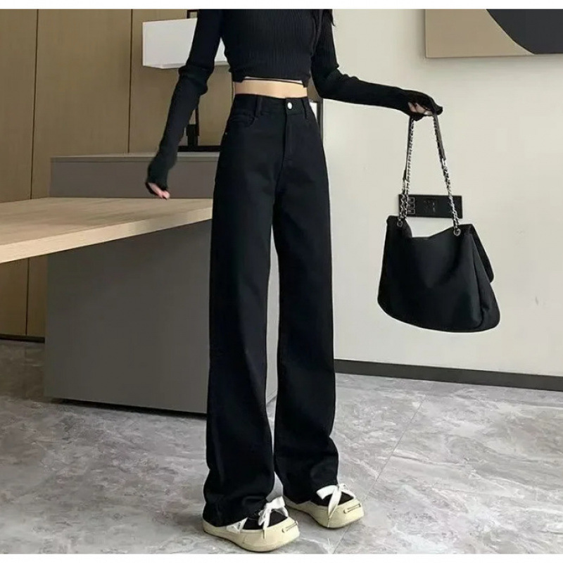 加厚窄版加绒阔腿直筒牛仔裤港风女生秋冬新款显高裤子拖地裤春秋|undefined