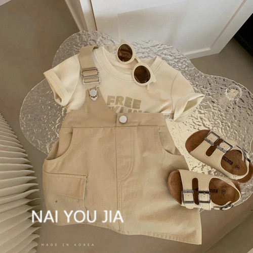 Cream Spring Style Mother and Daughter Set, Summer Street Style Parent-Child Outfit, Girl's Letter T-shirt with Overalls