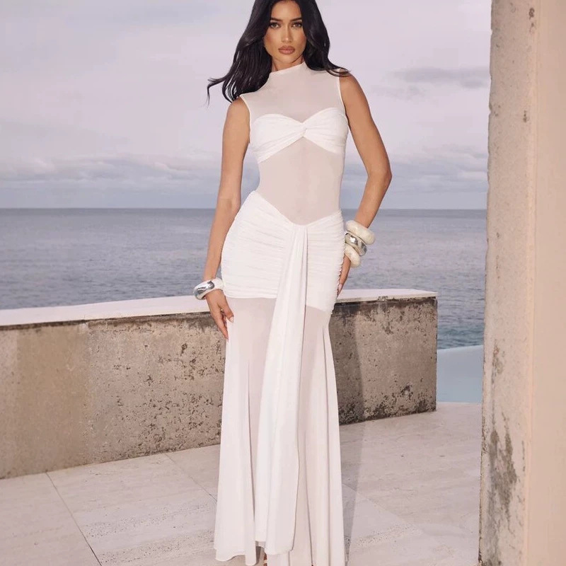 Elegant Bodycon Dress For Women Sexy Sheer Long Dress With Pleated Patchwork Slim Fit High Neck American Style_ecoleips.com