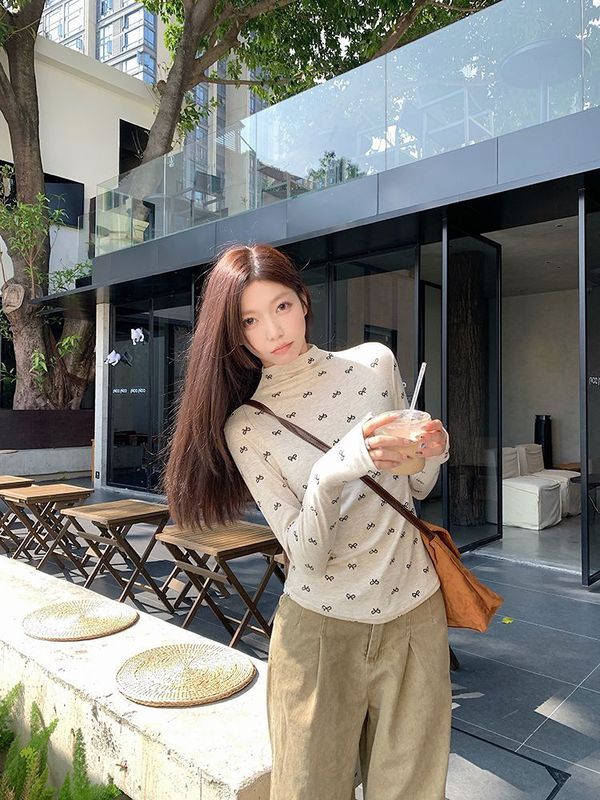 半高领德绒内搭打底修身上衣女秋冬季新款蝴蝶结碎花长袖T恤衫女|undefined