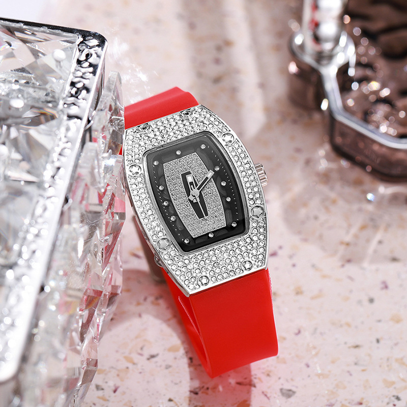 Barrel-shaped Diamond-inlaid Quartz Strap Women's Watch Fashion Trendy Temperament Ladies Wristwatch Silicone Watch Wholesale White