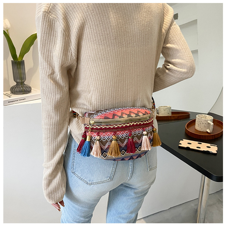 Venda quente pequeno peito perfumado tecido estilo étnico cor contrastante borla nova fita cintura bolsa crossbody tendência_voghion.com