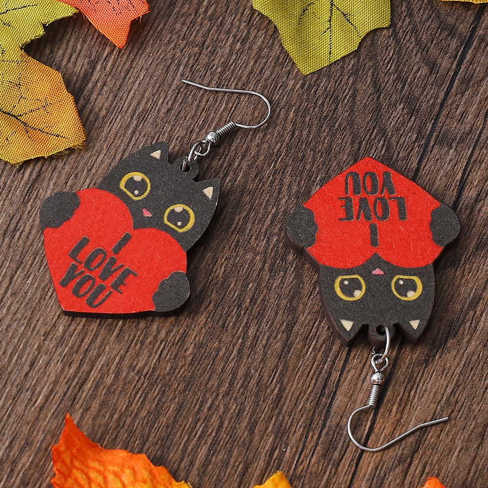 1 Pair Cute Cat Wood Patchwork Womenu0027S Drop Earrings