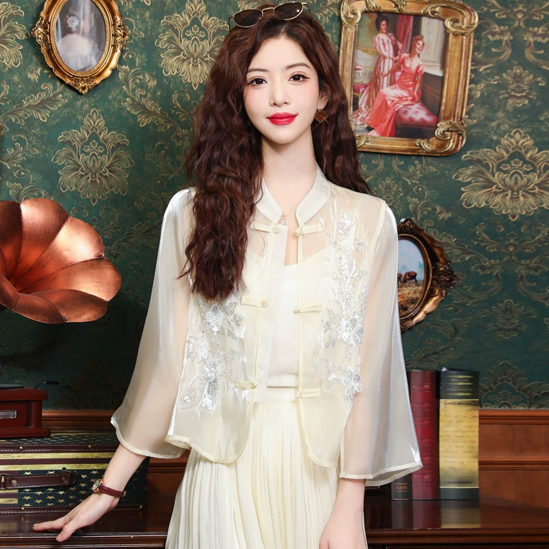 Новый топ из органзы в стиле шинуазри, кардиган из тюля, солнцезащитная одежда, женская летняя верхняя одежда, элегантная рубашка в национальном стиле, новый стиль 2025 года