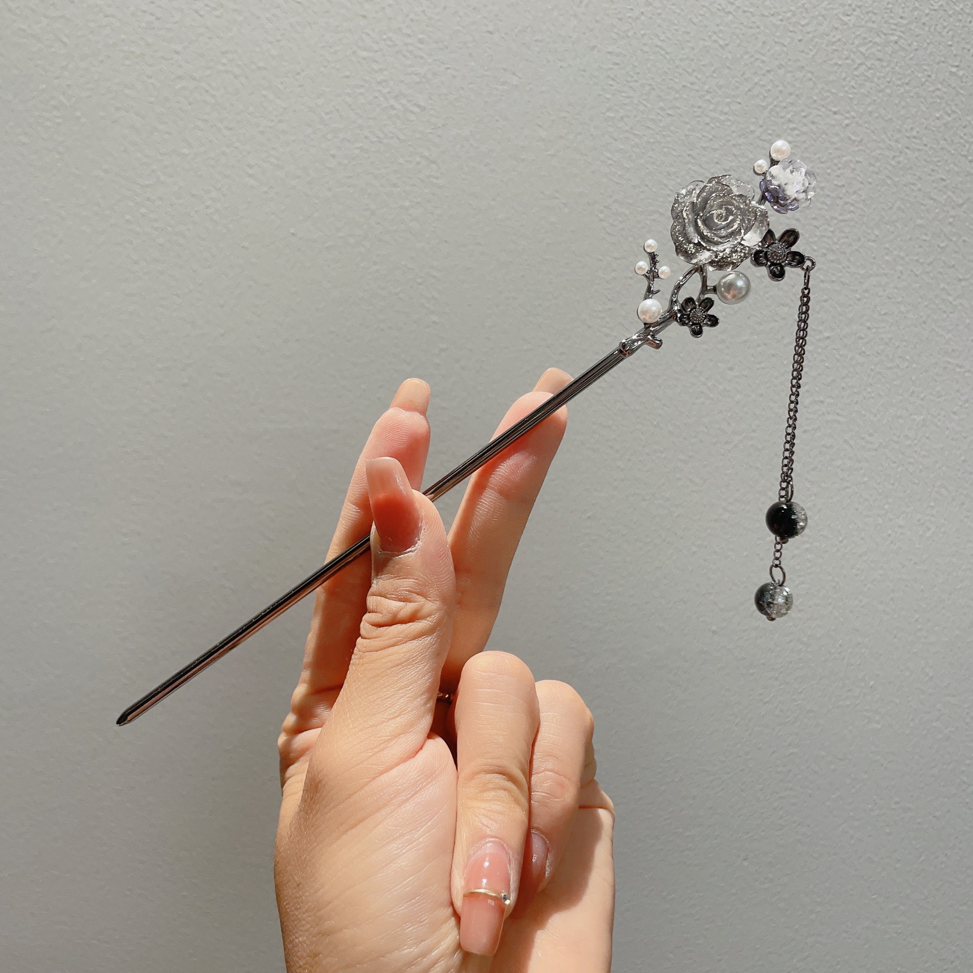 水墨立体花朵发簪女高级感步摇流苏盘发发钗新中式簪子