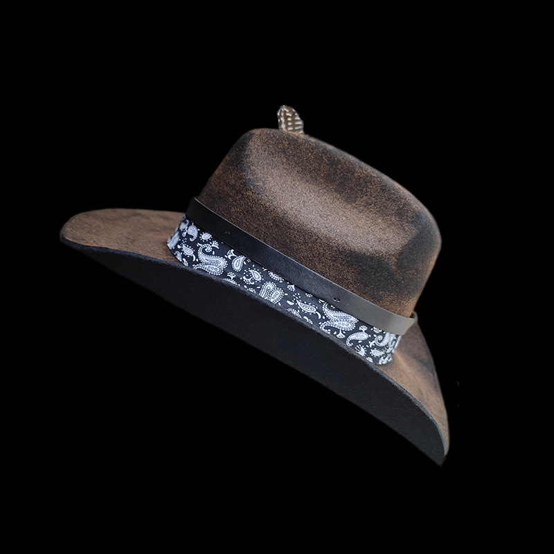 Hot western vintage style denim hat, fashionable pure wool outdoor sheep felt hat_voghion.com