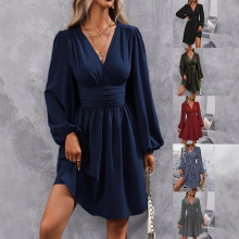 2025秋冬新款斜领灯笼袖褶饰腰部连衣裙