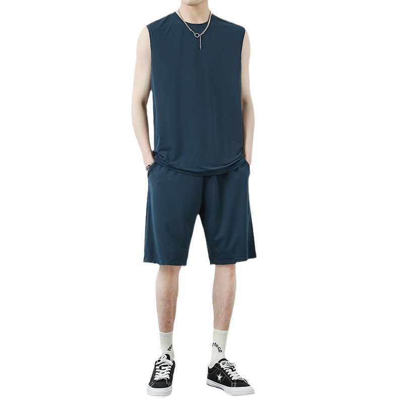 Nueva camiseta corta sin mangas para hombres marca de moda casual de verano nuevo chaleco de dos piezas juego de ropa deportiva de verano para hombres hielo